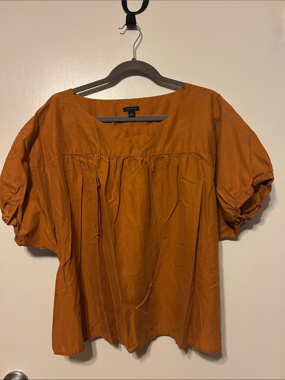 Ann Taylor Camel Puff-Sleeve Peasant Blouse